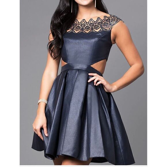 Sherri Hill Dresses & Skirts - Sherri Hill Black Short Dress A-Line Cut-Outs Illusion Neck Lace sz 6 READ HOCO